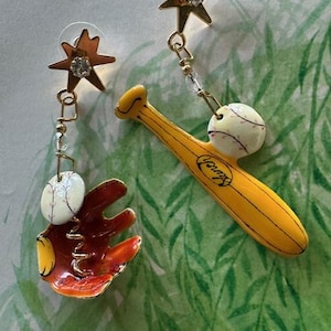 1980 1990s Lunch at the Ritz Signed Baseball Earrings Bat Glove Enamel Crystal Posts - Rare LATR Vintage Sports Jewelry Statement Gift