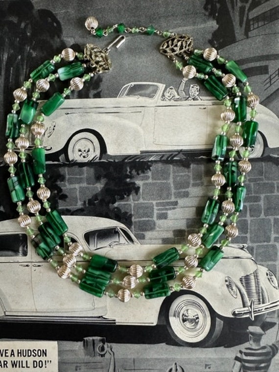 50s Green 3-Strand Beaded Necklace, 50s Necklace, 