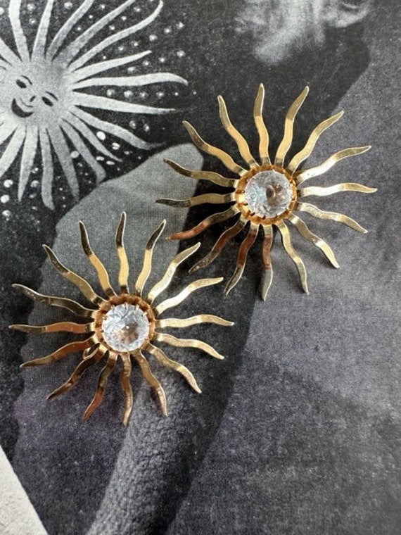 Gold Sun Burst with Rhinestone Earrings, Vintage S