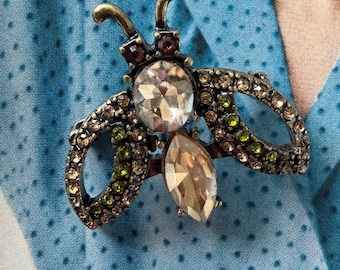 1960s Antique Gold Rhinestone Insect Brooch Green Champagne Crystal Bug Pin Vintage Mid Century Figural Gift Jewelry