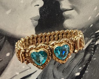 1940s Double Aqua Blue Sweetheart Expansion Bracelet Carmen Signed