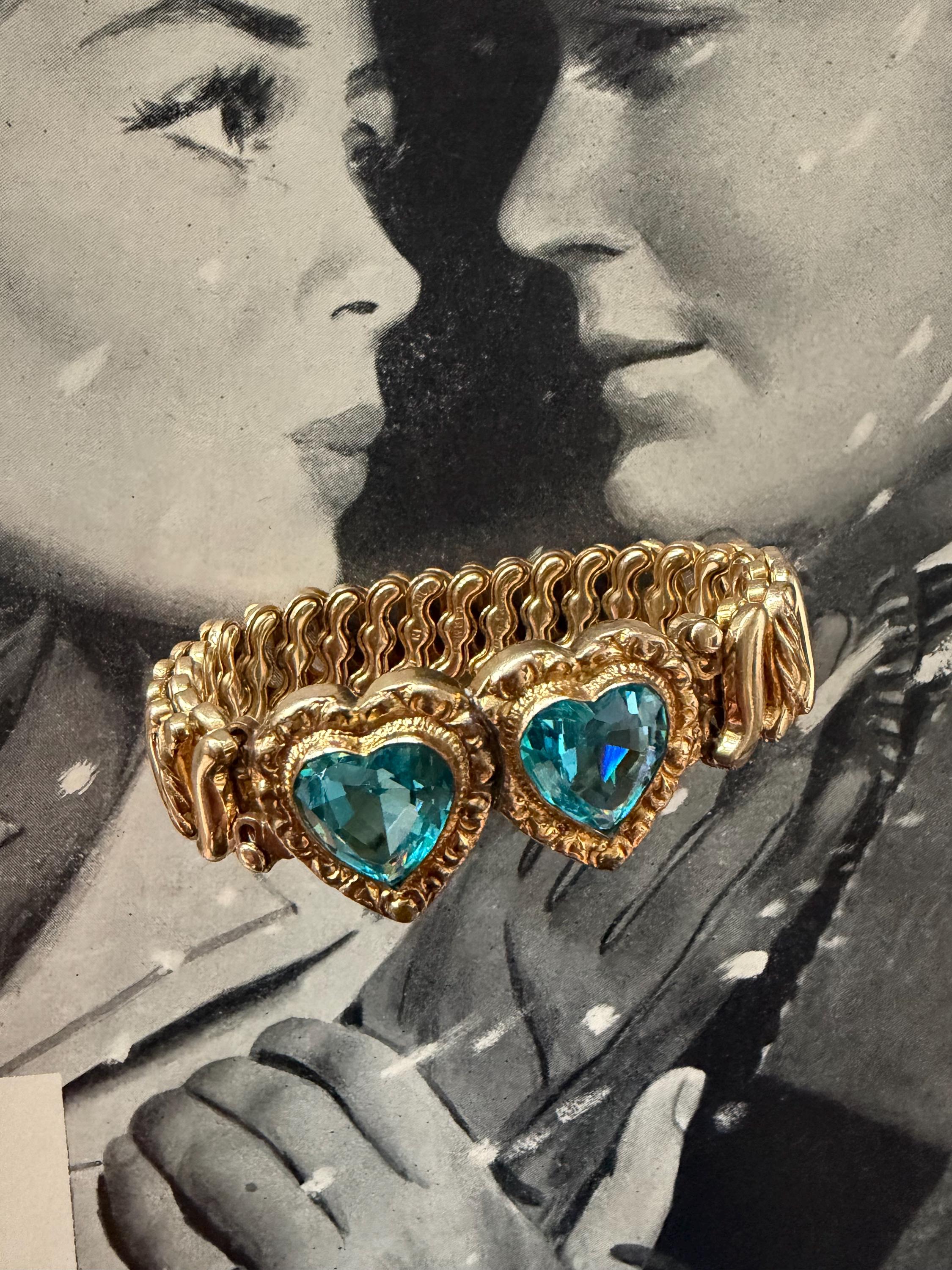 1940s Double Aqua Blue Sweetheart Expansion Bracelet Carmen Signed