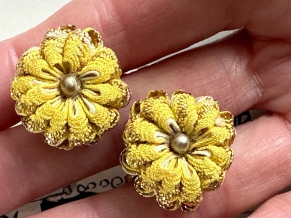 40s Yellow Crochet Flower Earrings, 40s  Fabric e… - image 2