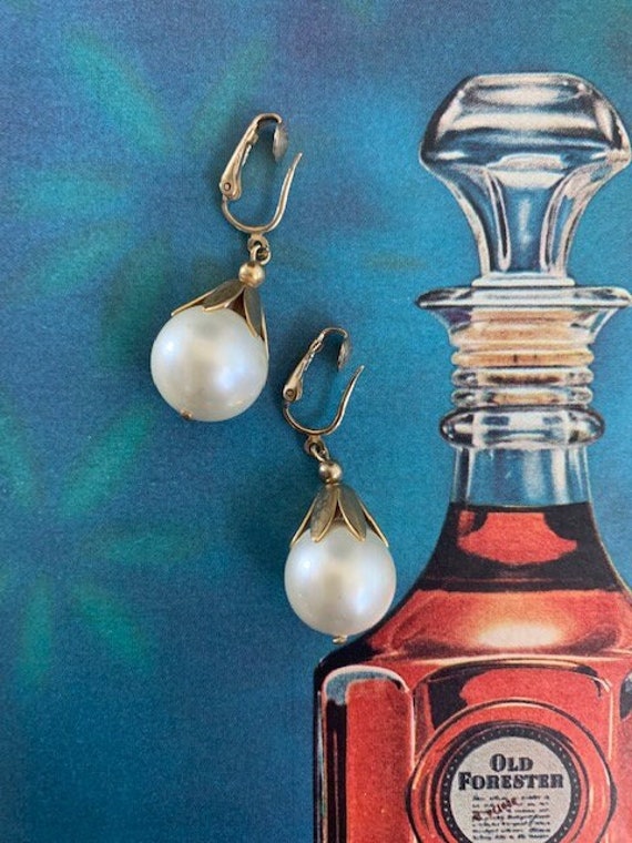 Pearl Dangle Drop Earrings, Pearl Ball Dangle Dro… - image 1