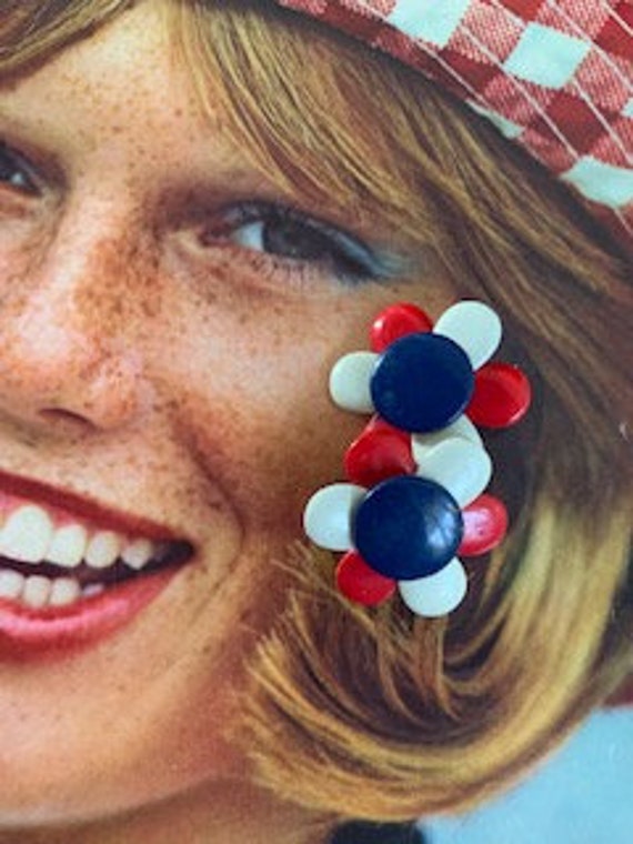 60s Red,White Blue Flower Power Earrings, 60s Flo… - image 8