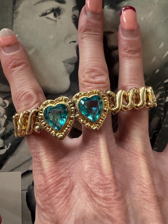 1940s Double Aqua Blue Sweetheart Expansion Bracelet Carmen Signed