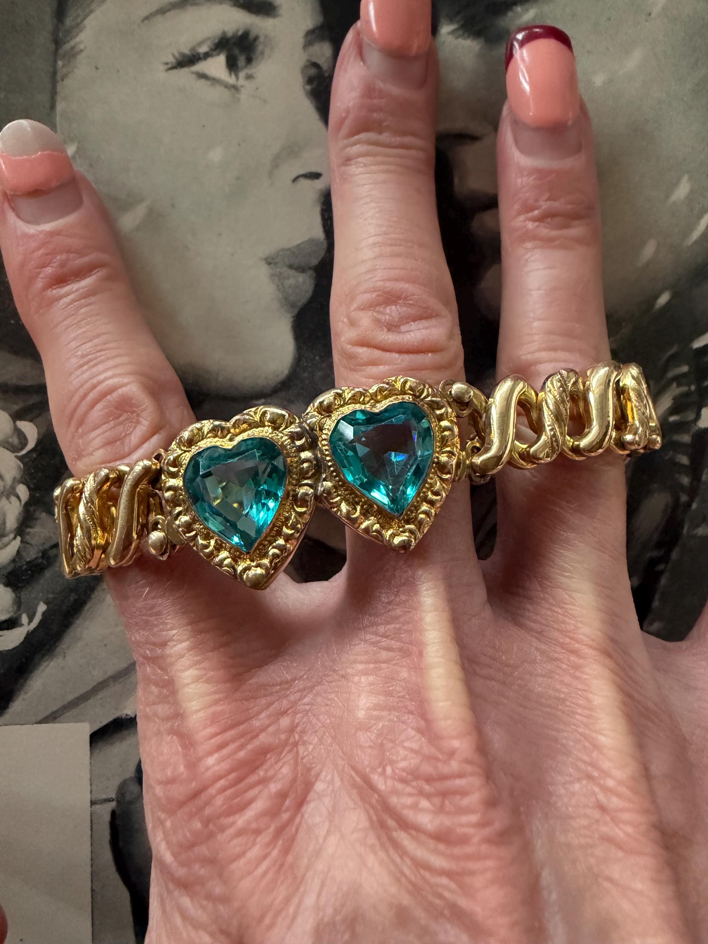 1940s Double Aqua Blue Sweetheart Expansion Bracelet Carmen Signed