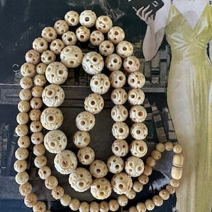Early 1900 Hand Carved Bovine Beaded Long Necklace, Long Hand Carved Bone Beaded Necklace, Vintage Bone Jewelry, Bovine Necklace