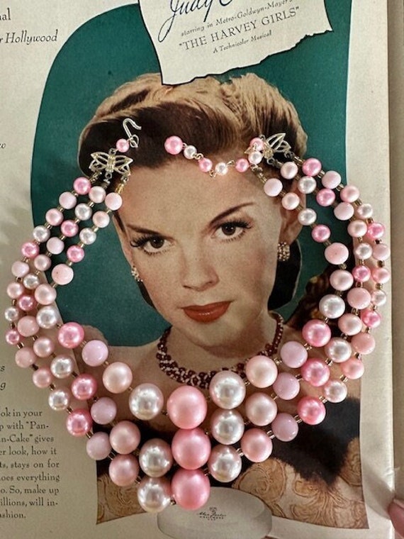 50s 3-Strand Pink Pearl Beaded Necklace, Vintage P