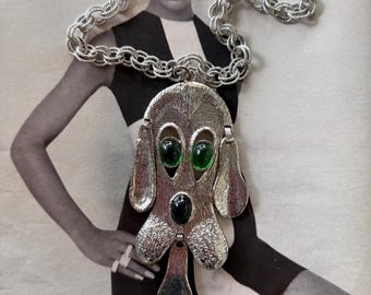 1960s Juliana DeLizza Elster Signed Rare Articulated Dog Pendant Necklace Silver Tone Vintage Mid Century Animal D&E Statement Jewelry