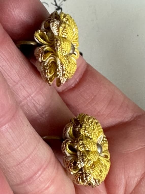 40s Yellow Crochet Flower Earrings, 40s  Fabric e… - image 10