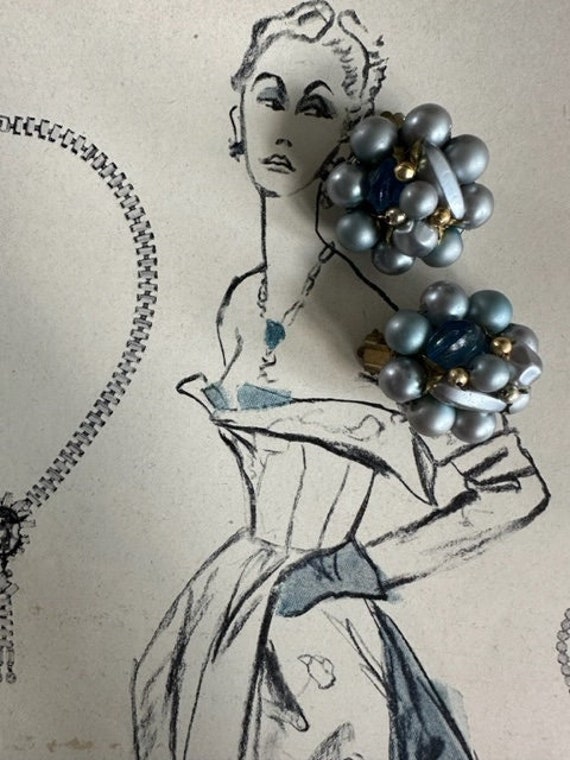 50s Blue Gray Cluster Earrings, 50s Unique Cluster