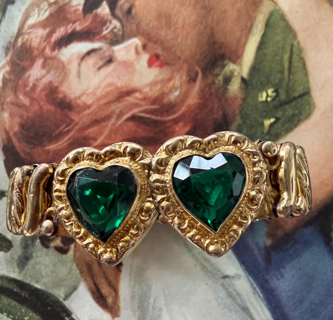 1940s Double Green Sweetheart Expansion Bracelet Carmen DFB Signed