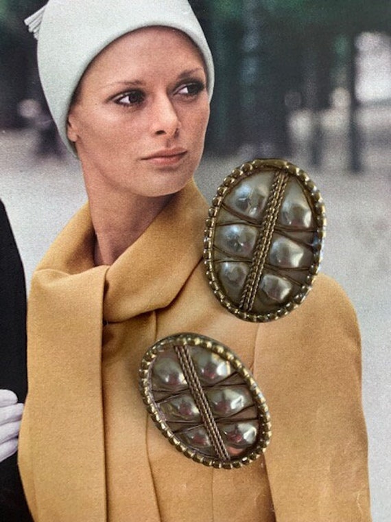 Mixed Metal Brutalist Style Clip on Earrings, Brass a… Gem