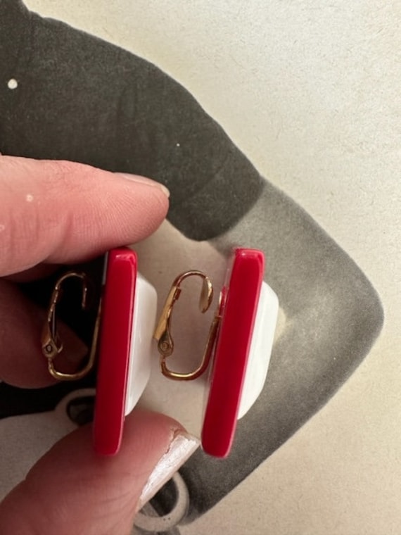 1980s Red & White Lucite Rectangular Earrings, 80… - image 2