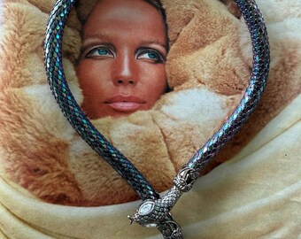 1980s Snake Lariat Choker Necklace Iridescent Mesh Tubular Serpent Head Statement Vintage Glam Bold Collar Animal Jewelry