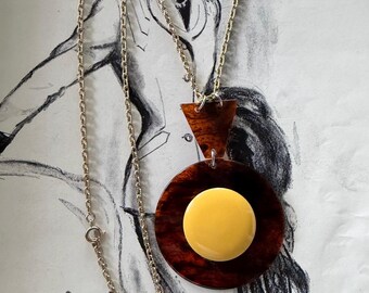 1940s Yellow Bakelite Pendant Necklace Faux Tortoise Early Plastic Geometric Vintage Art Deco Statement Jewelry