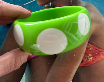 1980s Lime Green Lucite Polka Dot Bangle Chunky White Dot Bracelet Mod Pop Art Vintage Statement Jewelry