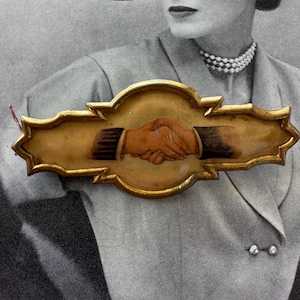 Rare 1870s Victorian Antique Handshake Brooch Symbolic Friendship Unity Jewelry Gold Tone Enamel Collectible Pin