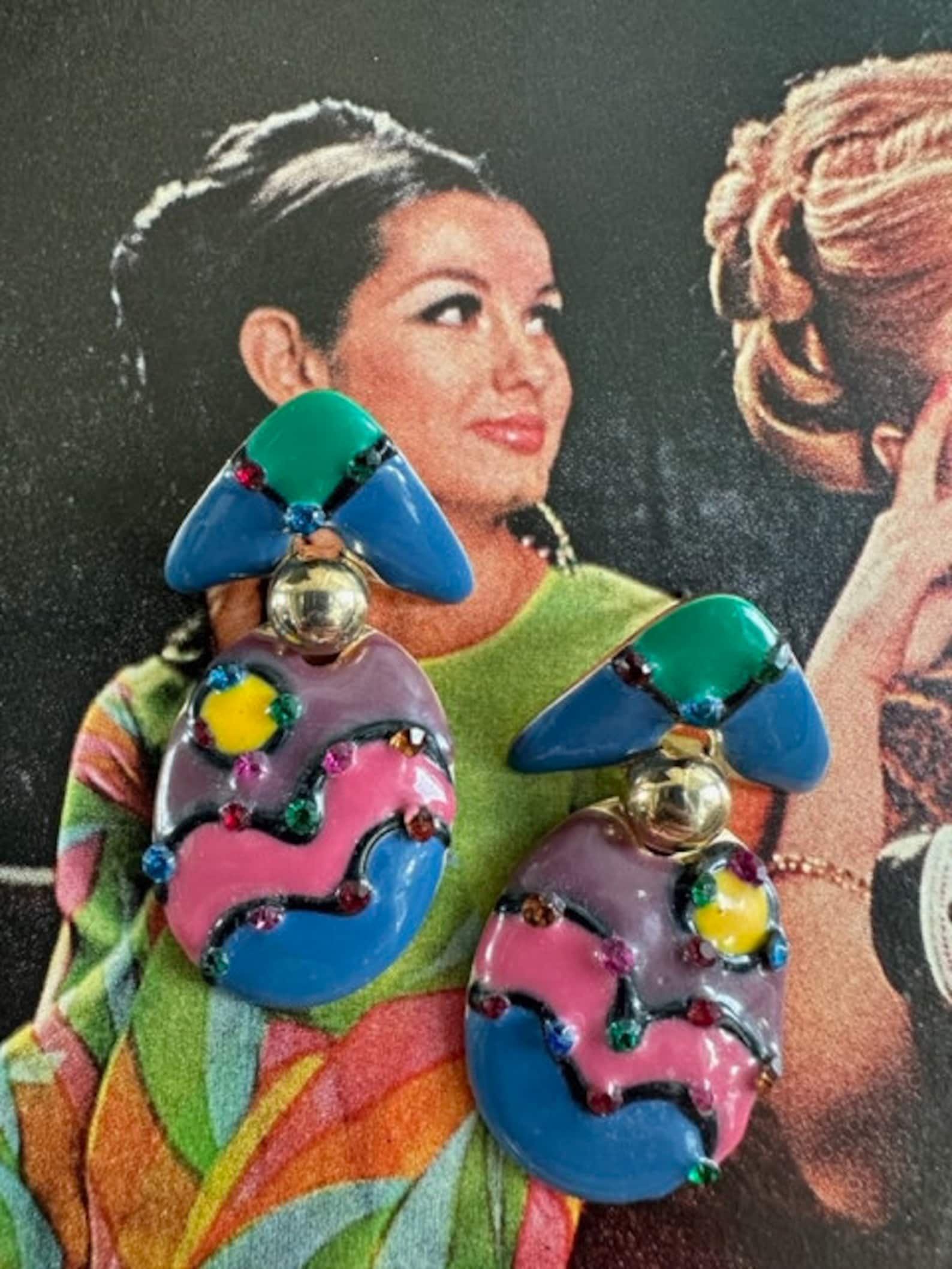 1980s Colorful Enamel Rhinestone Dangle Pierced Earrings Vintage Bold ...