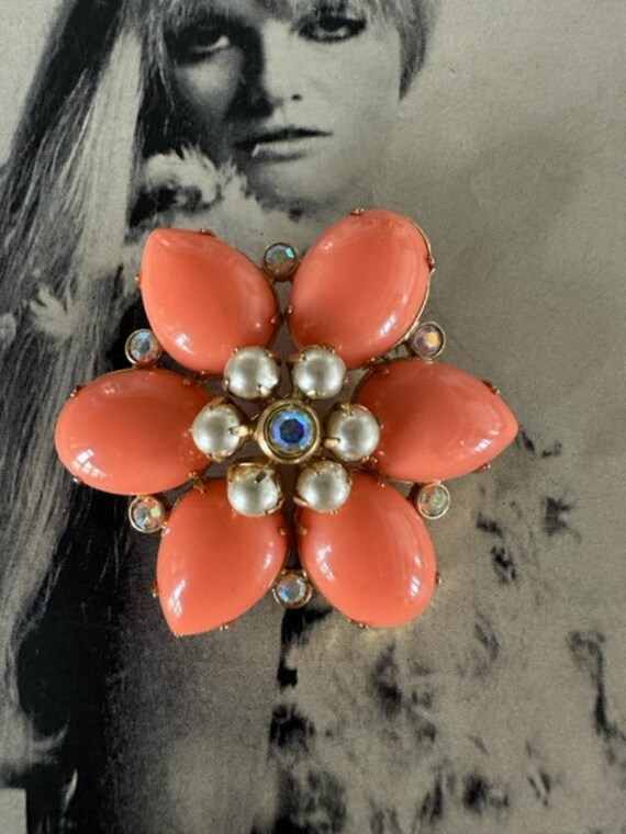 60s Coral Lucite Flower Brooch, Flower Pin, A Bore