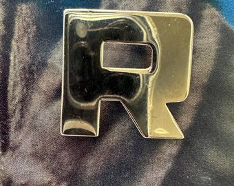 1980s Gold Tone R Initial Brooch Block Letter Vintage Monogram Pin Alphabet Personalized Jewelry Retro Gift