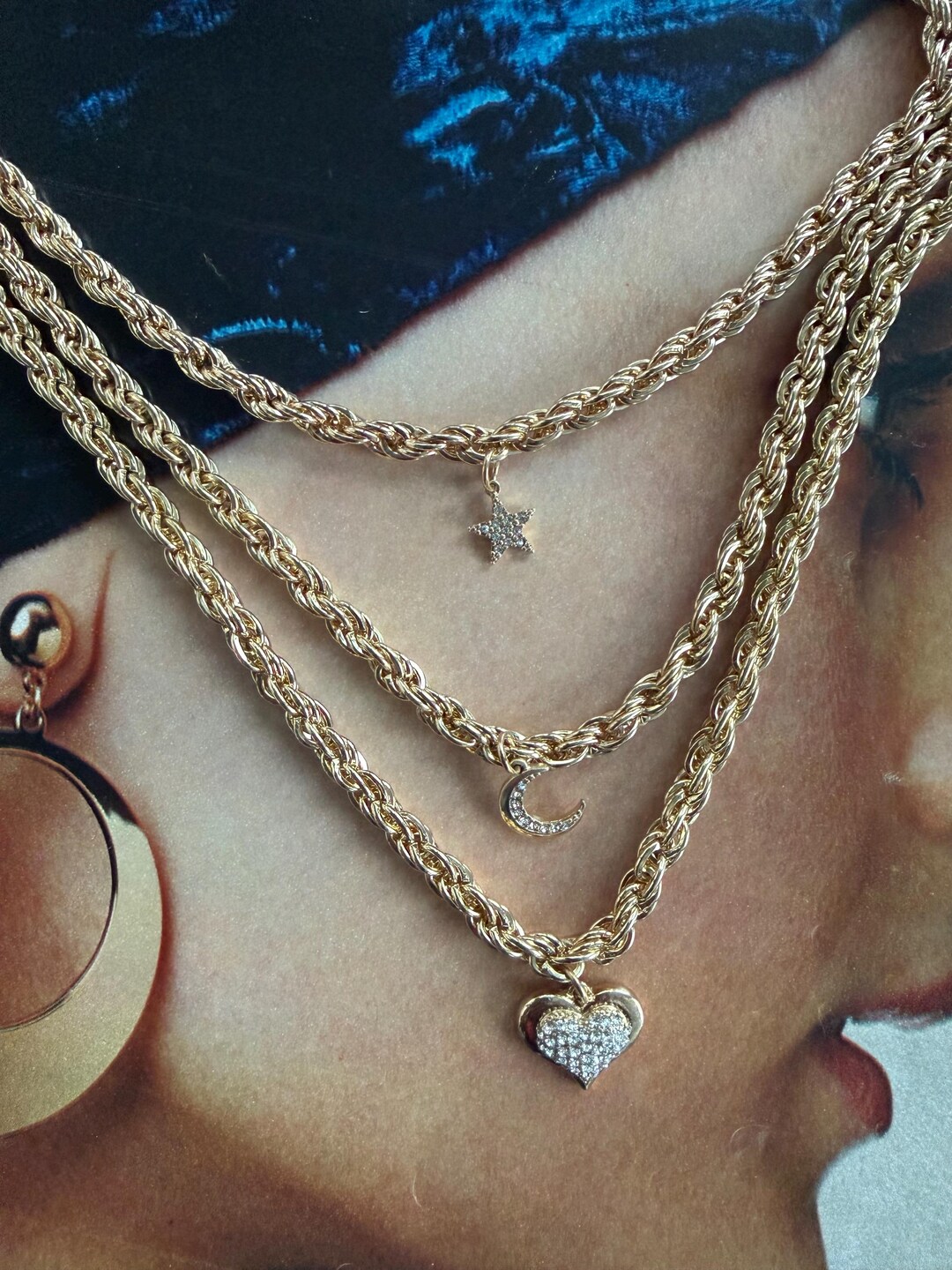2000s Chunky Layered Gold Tone Chain Necklace Star Moon Heart Charms ...