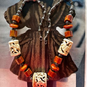 Vintage 1950s Carved Bone and Resin Tribal Necklace Long Ethnic MCM Statement Beads Global Boho Mid Century Jewelry
