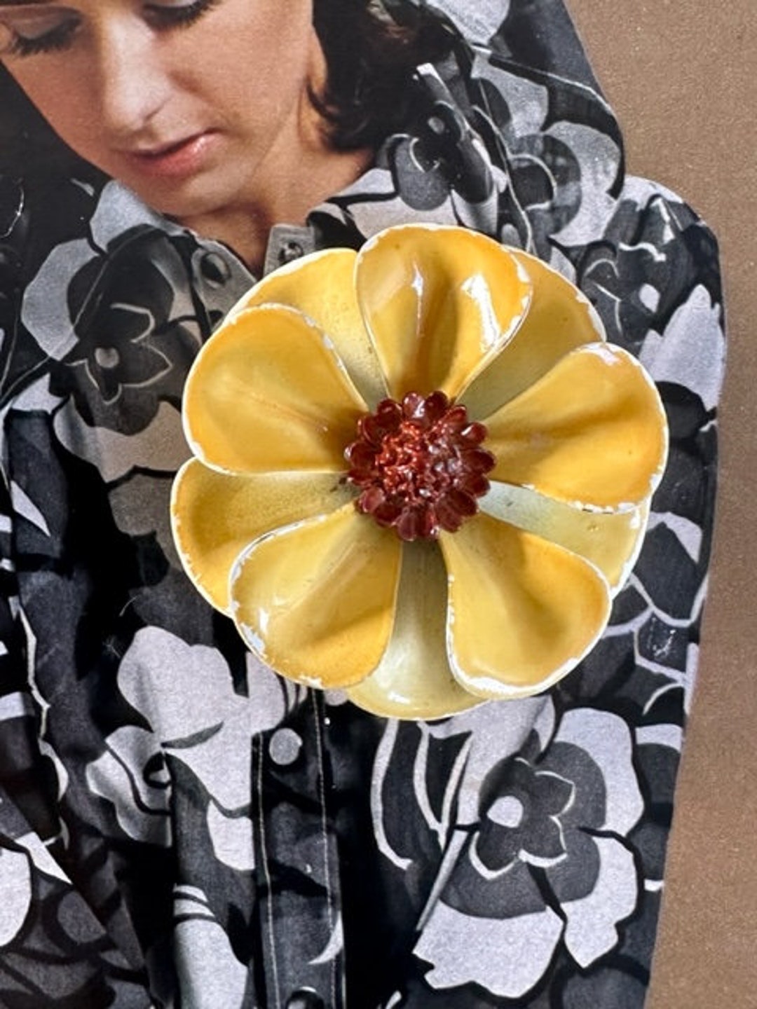 Yellow Flower Pin 60s Flower Pin 60s Brooches 60s Jewelry Etsy