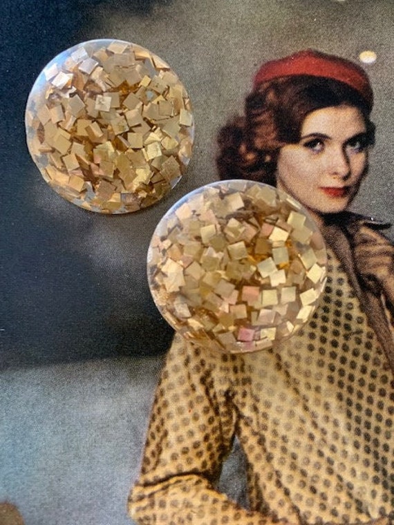 50s Gold Confetti Lucite Large Button Earrings, 5… - image 2