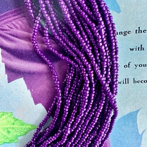 May include: A close-up of a strand of purple seed beads. The beads are small and round, and they are strung together in a long, continuous strand.