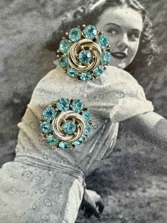 50s Lisner Aqua Blue Rhinestone Earrings, Lisner E