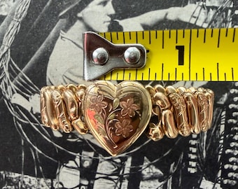 1940s Locket Sweetheart Expansion Bracelet M Signed Vintage Gold