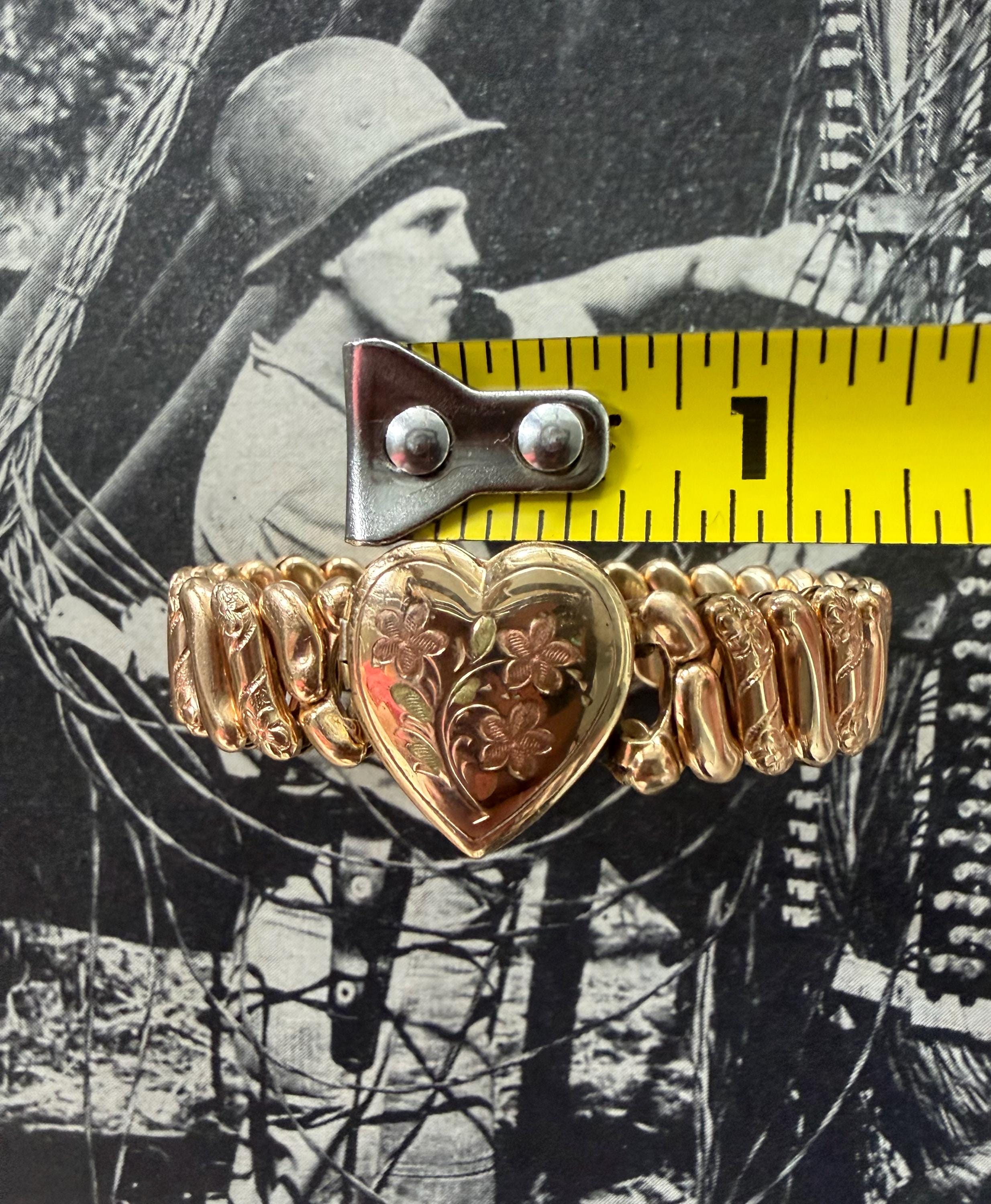 1940s Locket Sweetheart Expansion Bracelet M Signed Vintage Gold