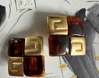 1980s Givenchy Signed Tortoise Shell Gold Clip On Earrings Square GG Logo Vintage Designer Jewelry Bold Statement Paris New York Pair