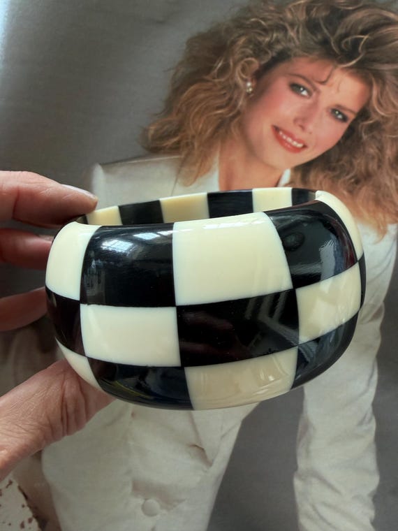 1970s Op Art Black Ivory Colored Checkerboard Lucite Bangle Bracelet Chunky Wide Oversized Geometric Vintage Statement Jewelry
