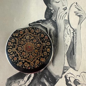 1950s Stratton England Gold Brocade MCM Makeup Powder Compact with Puff Mirror Case Vintage Mid Century Compact Collectible