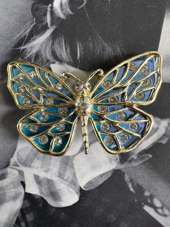 60s Iridescent Enamel and Gold Butterfly Pin, Rhi… - image 1