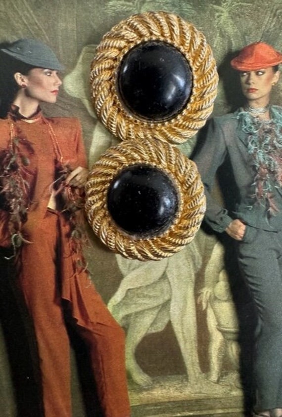 80s Big Bold Earrings, 80s Gold and Black Cabochon