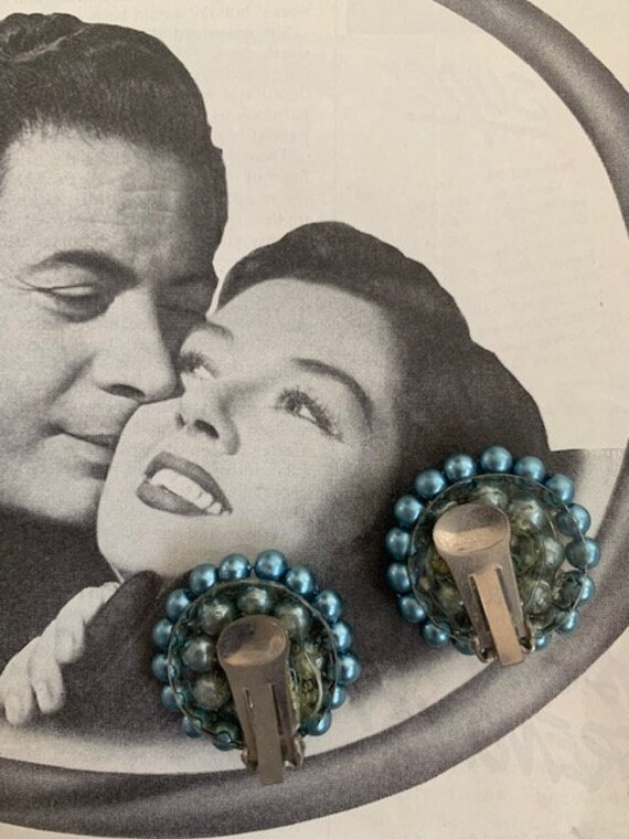 1960s Dusty Blue Green Pearl Button Earrings, 60s… - image 3