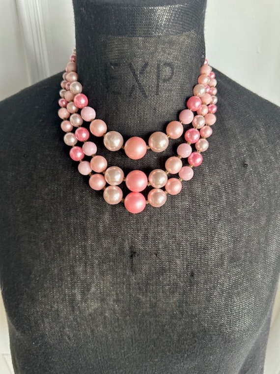 50s 3-Strand Pink Pearl Beaded Necklace, Vintage … - image 5