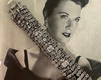 1950s Chunky Rhinestone Bracelet Silver Tone Wide Glam Statement Vintage Mid Century Jewelry