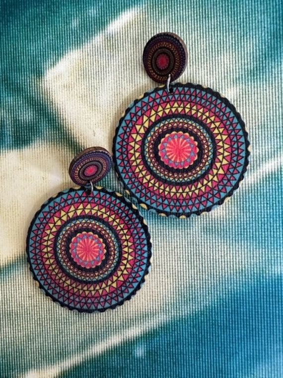 70s Mega Spirograph pattern Dangle Earrings, 70s … - image 2
