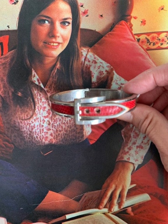 1970s Red Leather Belt Buckle Bracelet, Vintage R… - image 1