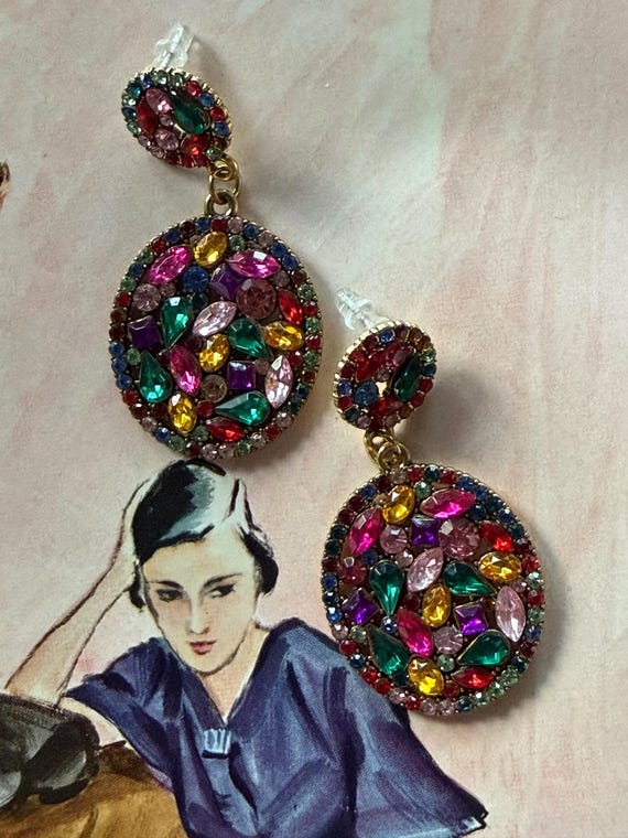 1980s Multicolor Crystal Statement Dangle Pierced… - image 1