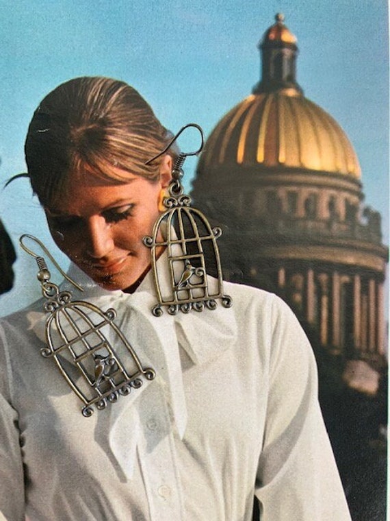 Bird Cage with Bird Earrings, 70s Bird Cage earri… - image 1