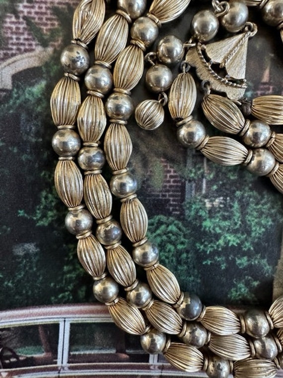 60s Gold Metal 3 Strand Beaded Necklace, 60 Gold … - image 5