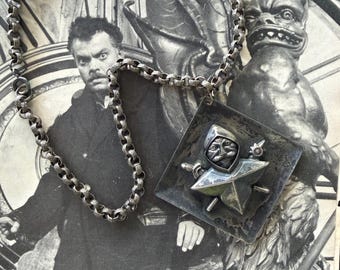 1960s Brutalist Medieval Warrior Pendant Necklace Gothic Heraldic Figural Dark Silver Tone Sculptural Vintage Mid Century Statement Jewelry