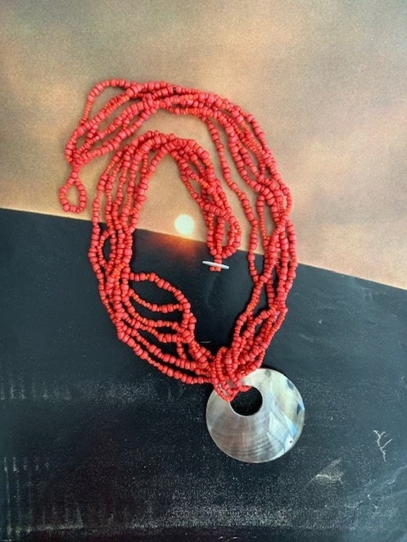 Red Coral 5 strand beaded Necklace with Shell Pen… - image 1