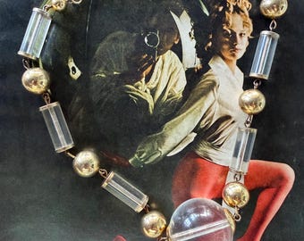 1960s Clear Lucite Orb Beaded Necklace Mod Space Age Gold Tone Vintage Mid Century Statement Jewelry